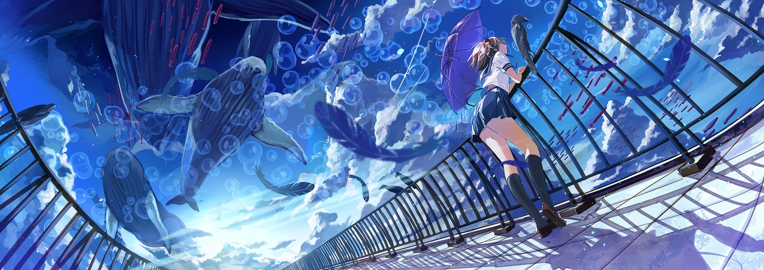 animal, bird, dualscreen, feathers, fish, fujita_(condor), kneehighs, original