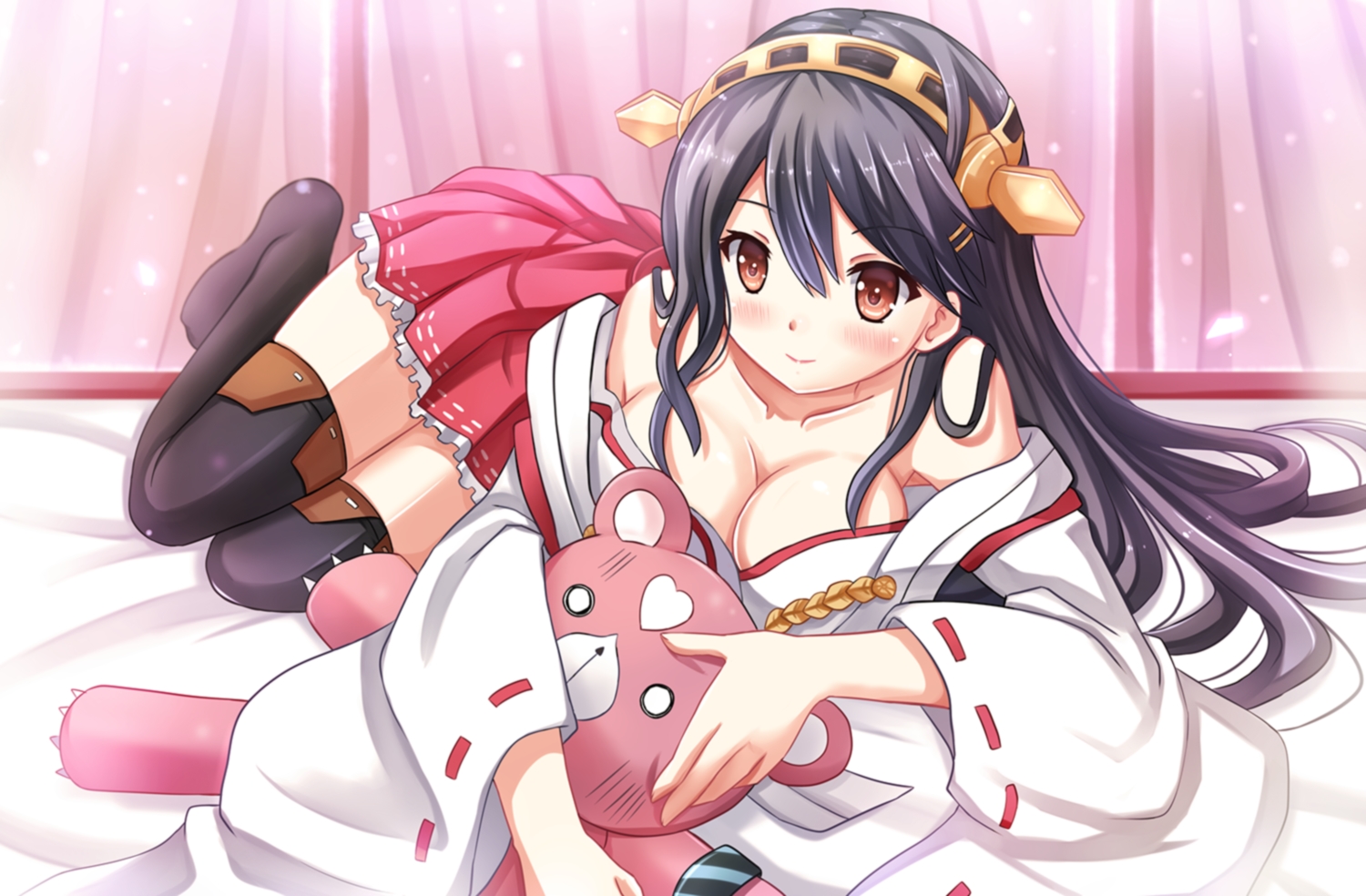 anthropomorphism, aoki_hagane_no_arpeggio, black_hair, blush, breasts, brown_eyes, cleavage, crossover, haruna_(kancolle), headband, japanese_clothes, kantai_collection, kazenokaze, kirishima_(arpeggio), long_hair, miko, skirt, thighhighs