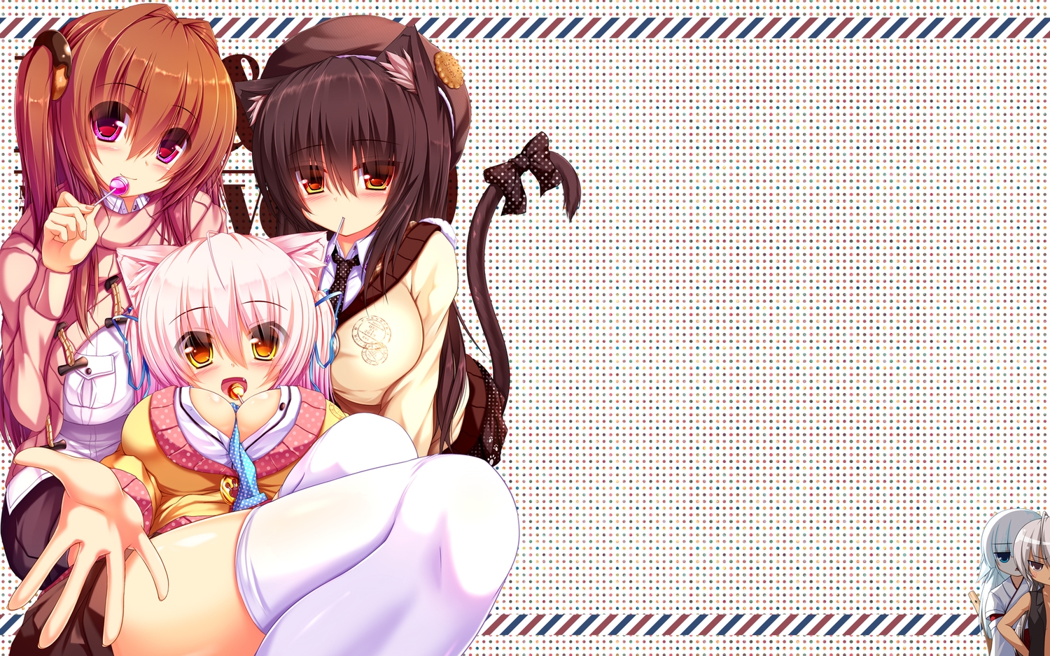 animal_ears, black_hair, blush, bow, breasts, brown_eyes, brown_hair, candy, cassini_m_bisuko, catgirl, fang, hat, lollipop, mia_flatpaddy, orange_eyes, original, pink_eyes, pink_hair, shia_flatpaddy, syroh, tail, thighhighs, tie