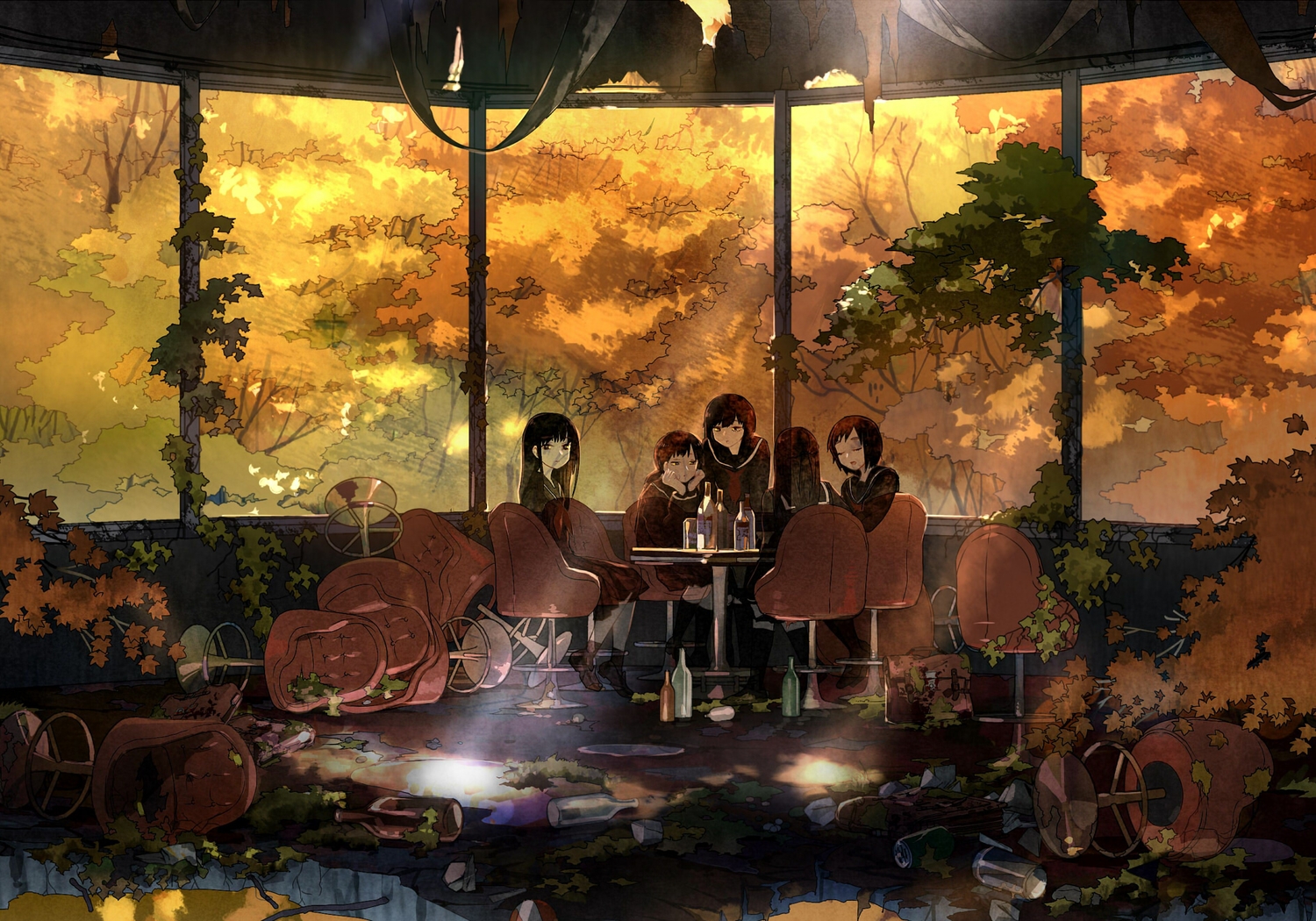 black_hair, dotaku, drink, leaves, long_hair, original, ruins, school_uniform, short_hair, tree