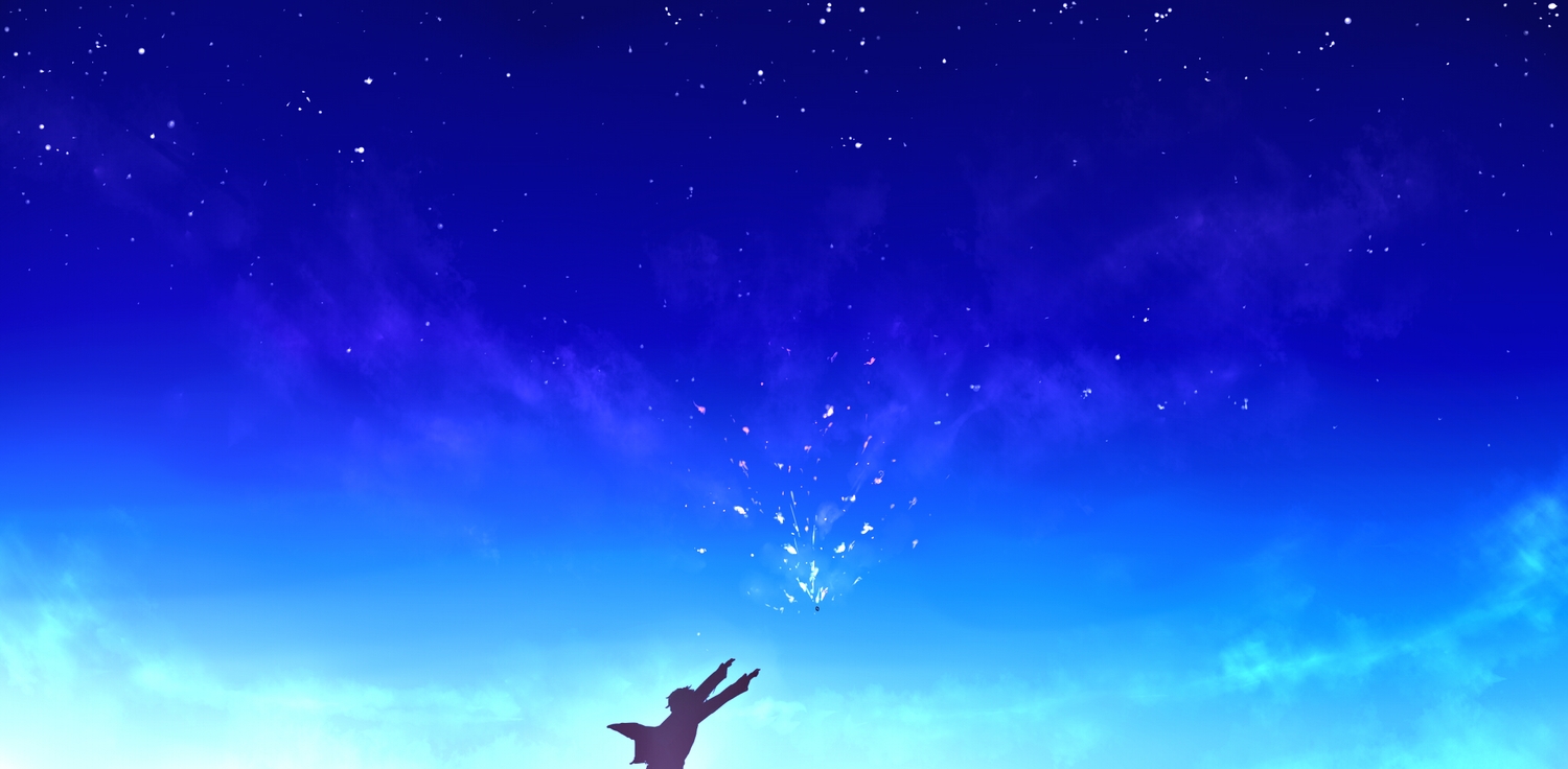 blue, clouds, kanbara_akihito, kibunya_39, kyoukai_no_kanata, silhouette, sky, stars
