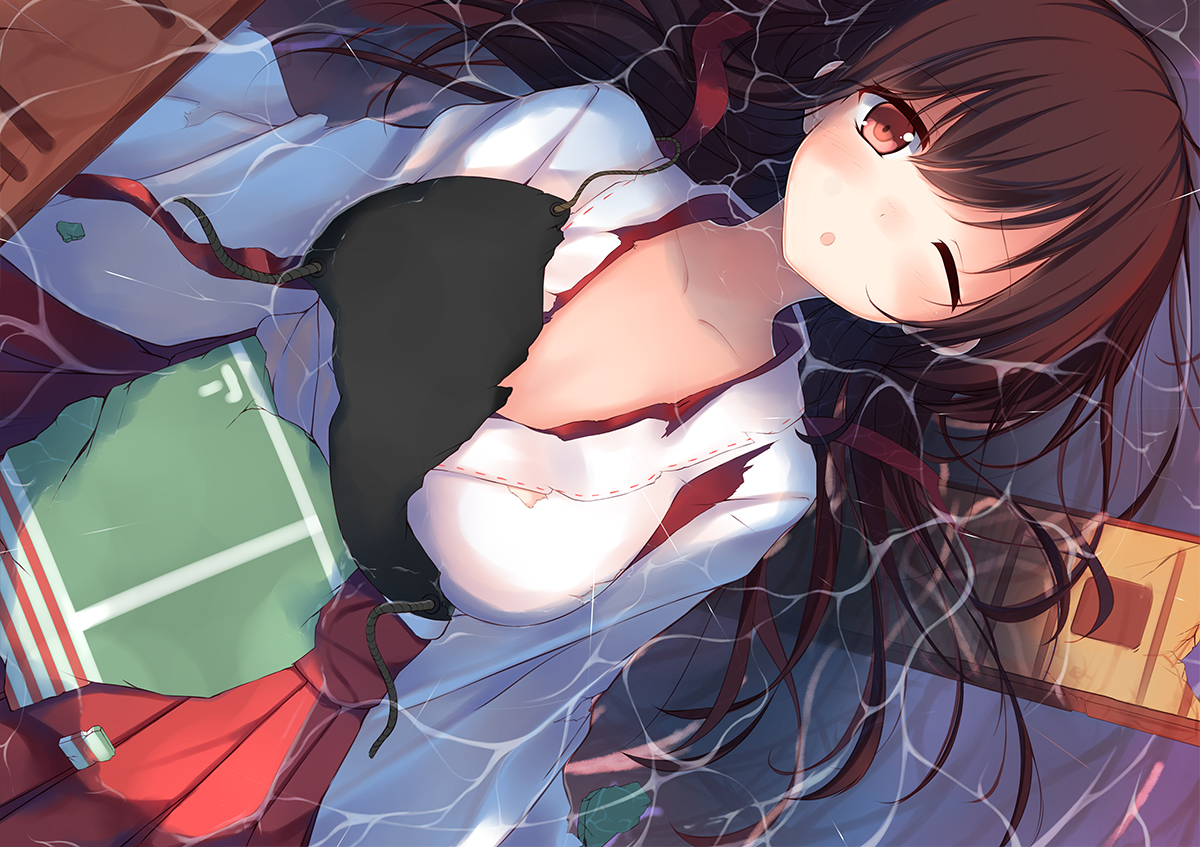akagi_(kancolle), anthropomorphism, blush, brown_hair, japanese_clothes, kantai_collection, long_hair, netarou