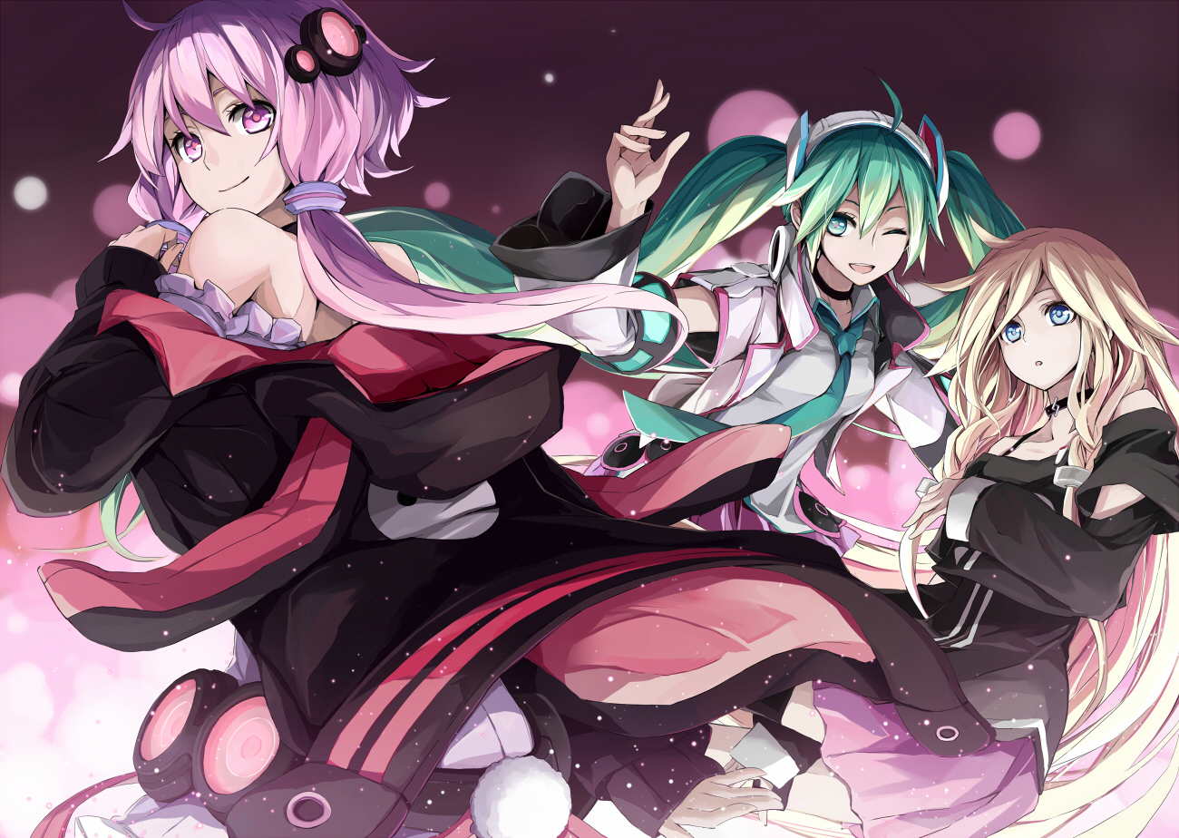 blonde_hair, blue_eyes, blue_hair, hatsune_miku, hood, ia, long_hair, purple_eyes