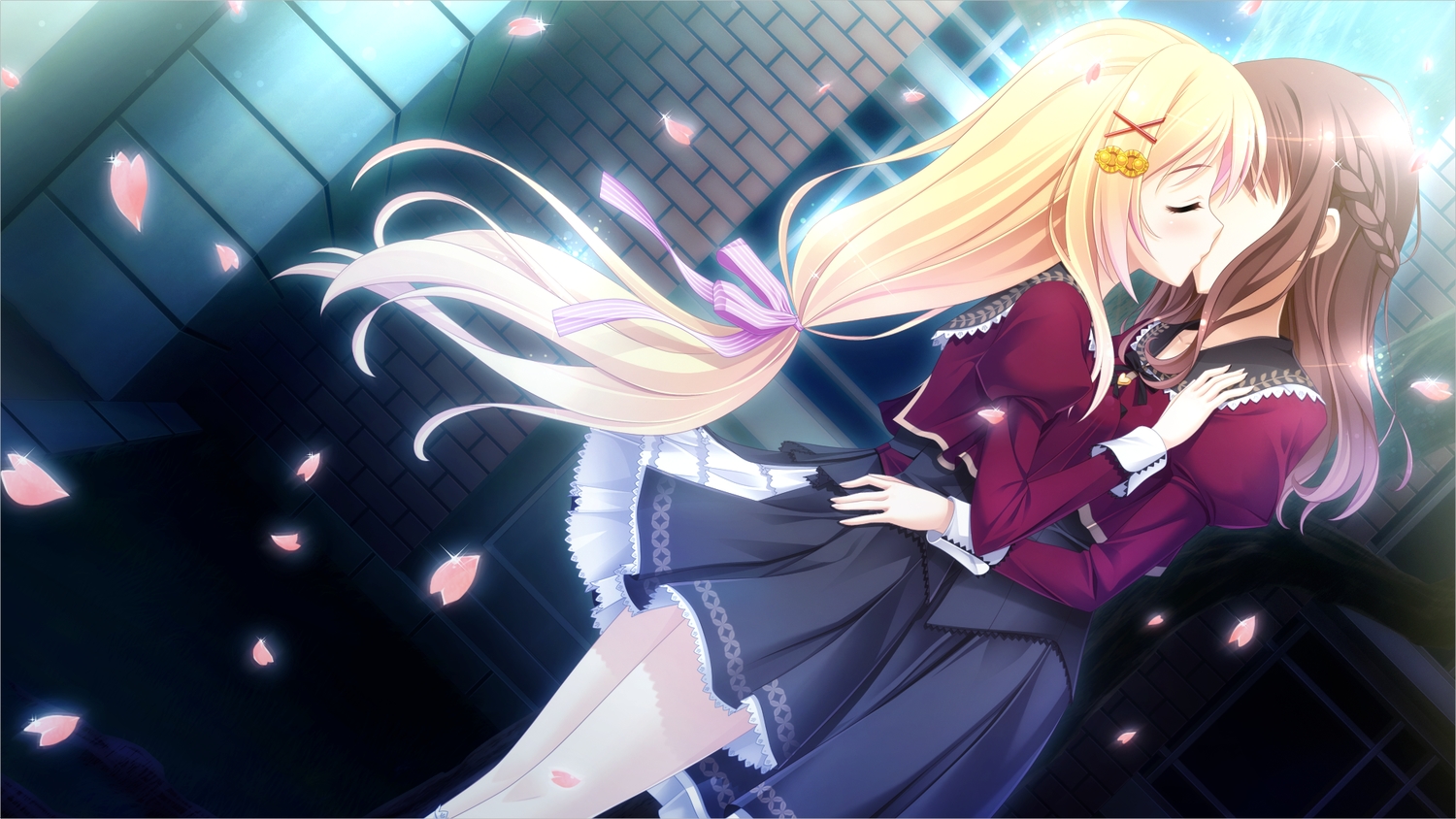 blonde_hair, brown_hair, ensemble_(company), game_cg, kadowaki_sakura, kimishima_ao, kiss, long_hair, mahara_aoi, male, otoko_no_ko, petals, sakura_mau_otome_no_rondo, school_uniform