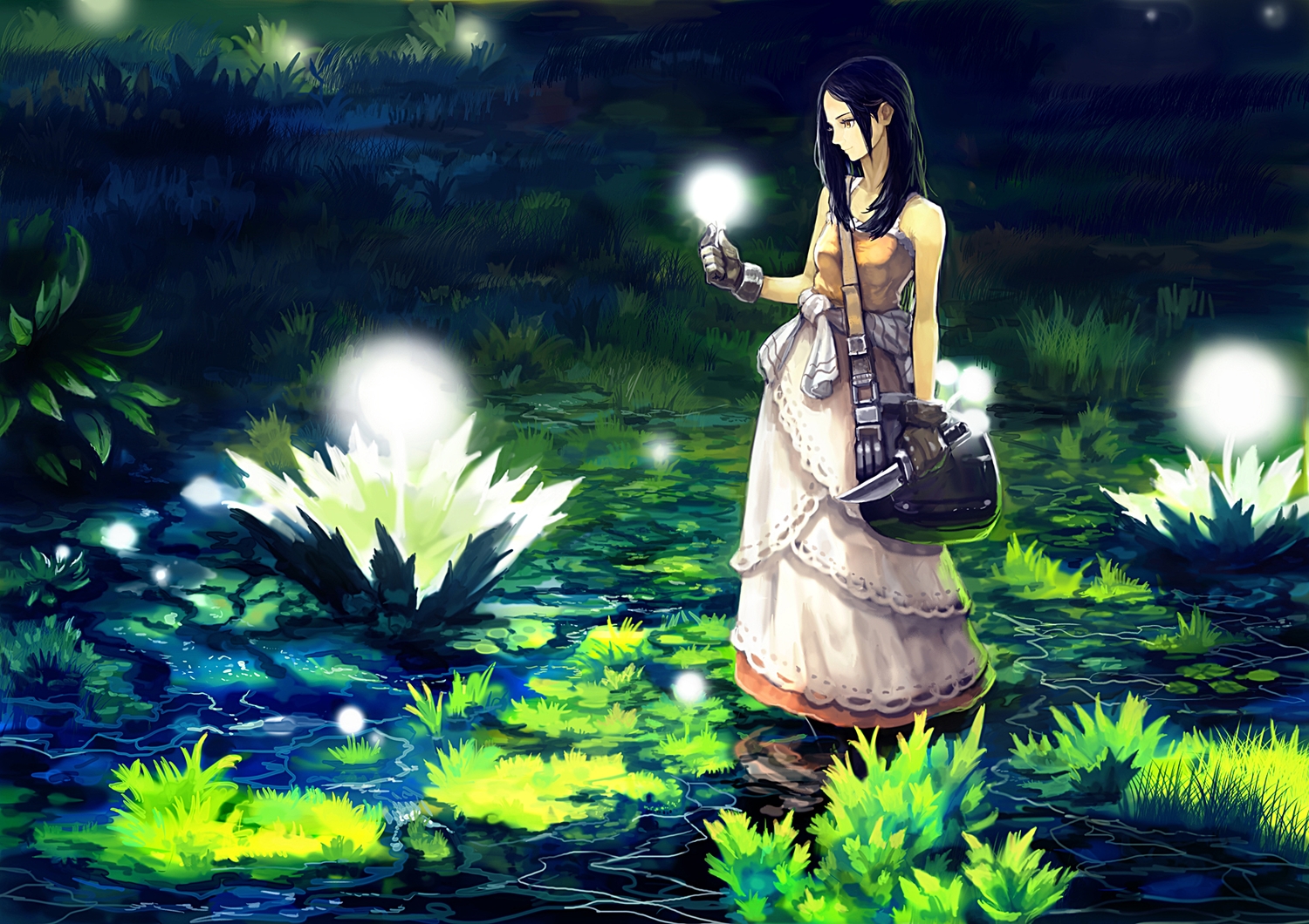 black_hair, brown_eyes, dress, gloves, grass, knife, night, okuto