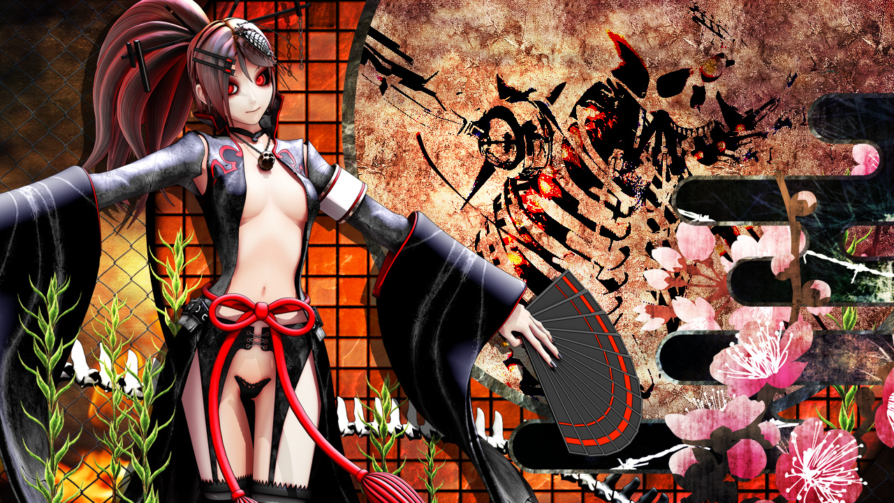 calne_ca, cul, deino, fan, garter, garter_belt, hatsune_miku, japanese_clothes, long_hair, navel, necklace, no_bra, open_shirt, ponytail, red_eyes, red_hair, vocaloid