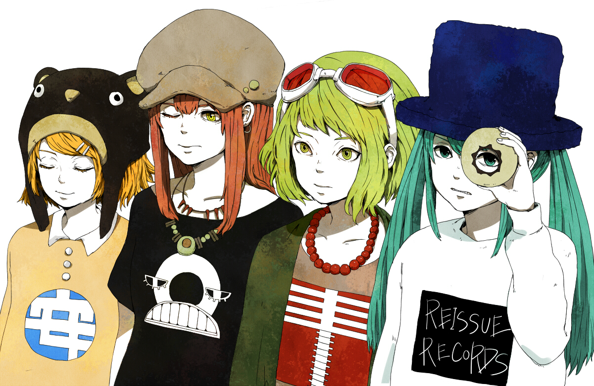 aqua_eyes, aqua_hair, blonde_hair, bloomed, donut_hole_(vocaloid), goggles, green_eyes, green_hair, gumi, hat, hatsune_miku, kagamine_rin, megurine_luka, necklace, pink_hair, short_hair, twintails, vocaloid, yellow_eyes