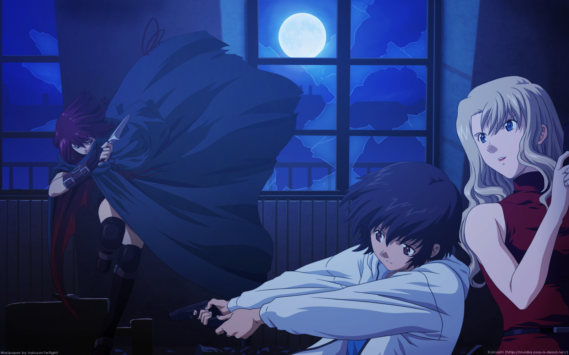 black_hair, blonde_hair, blue_eyes, brown_eyes, chloe_(noir), gun, knife, mireille_bouquet, noir, weapon, yuumura_kirika