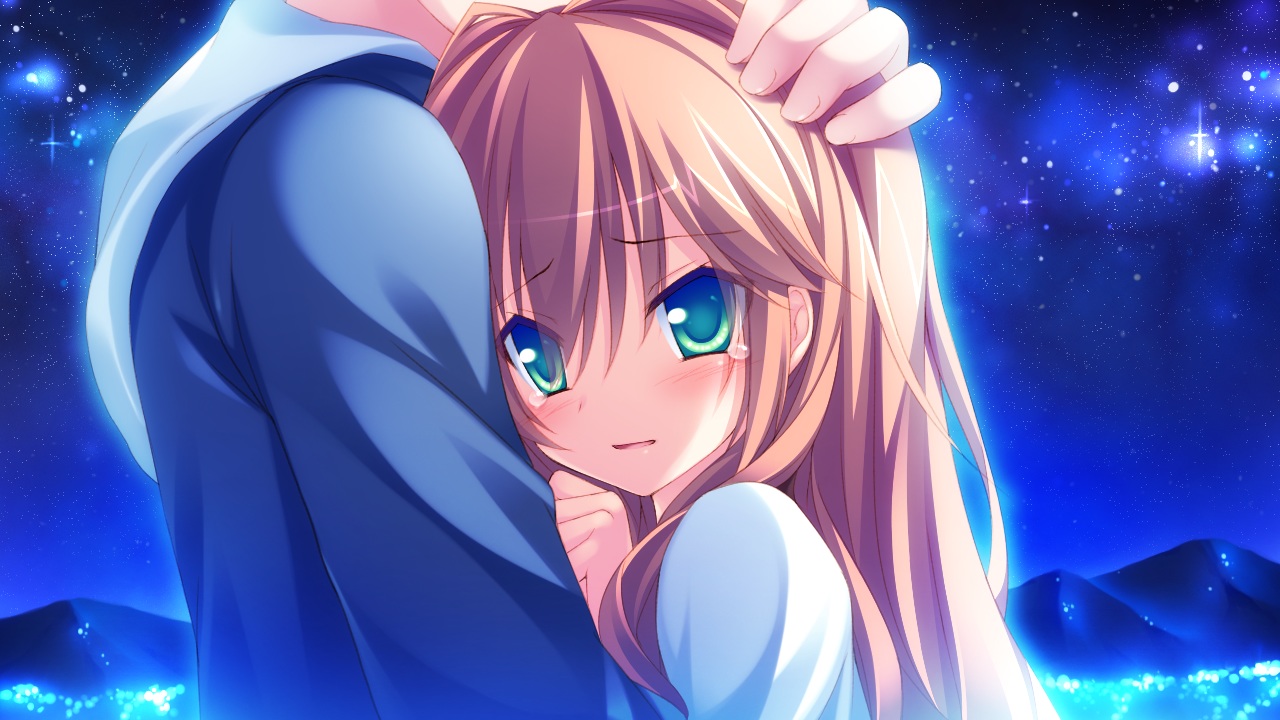 amatarasu_riddle_star, blue_eyes, brown_hair, game_cg, hatta_madori, long_hair, night, seal-qualia