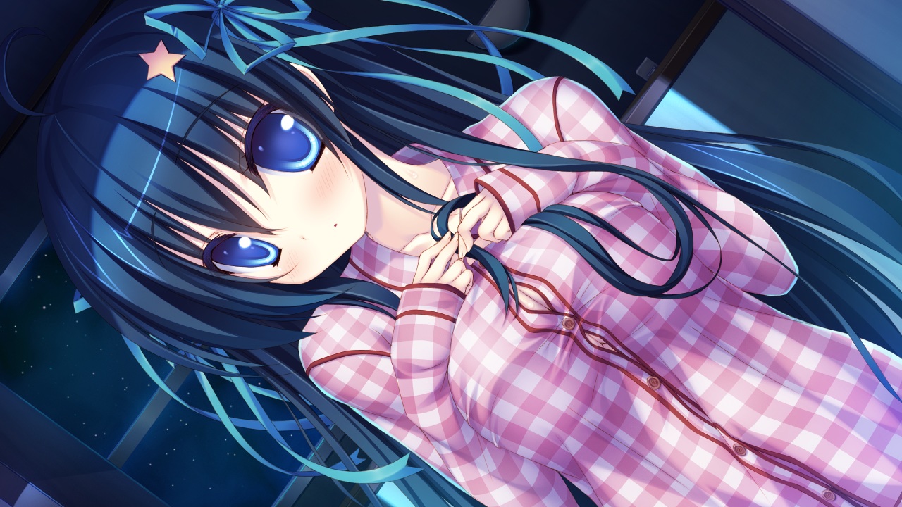 2-g, amatarasu_riddle_star, arisu_yua, black_hair, blue_eyes, game_cg, long_hair, night, pajamas, ribbons, seal-qualia, stars