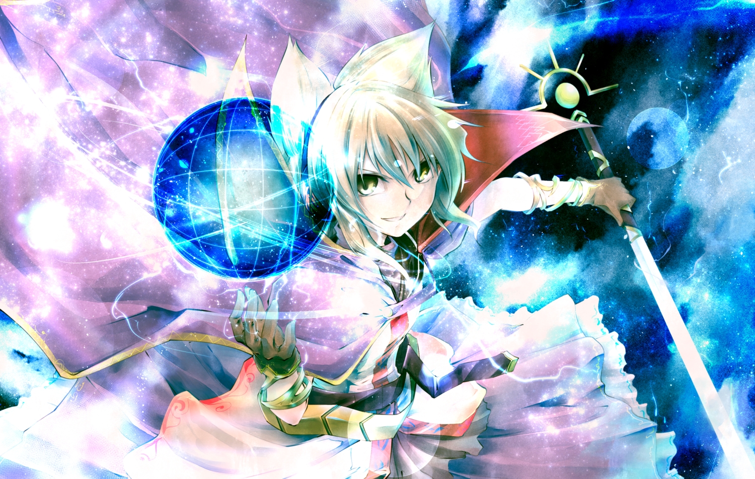 cape, gloves, green_eyes, headphones, magic, noise-111, short_hair, sword, touhou, toyosatomimi_no_miko, weapon, white_hair
