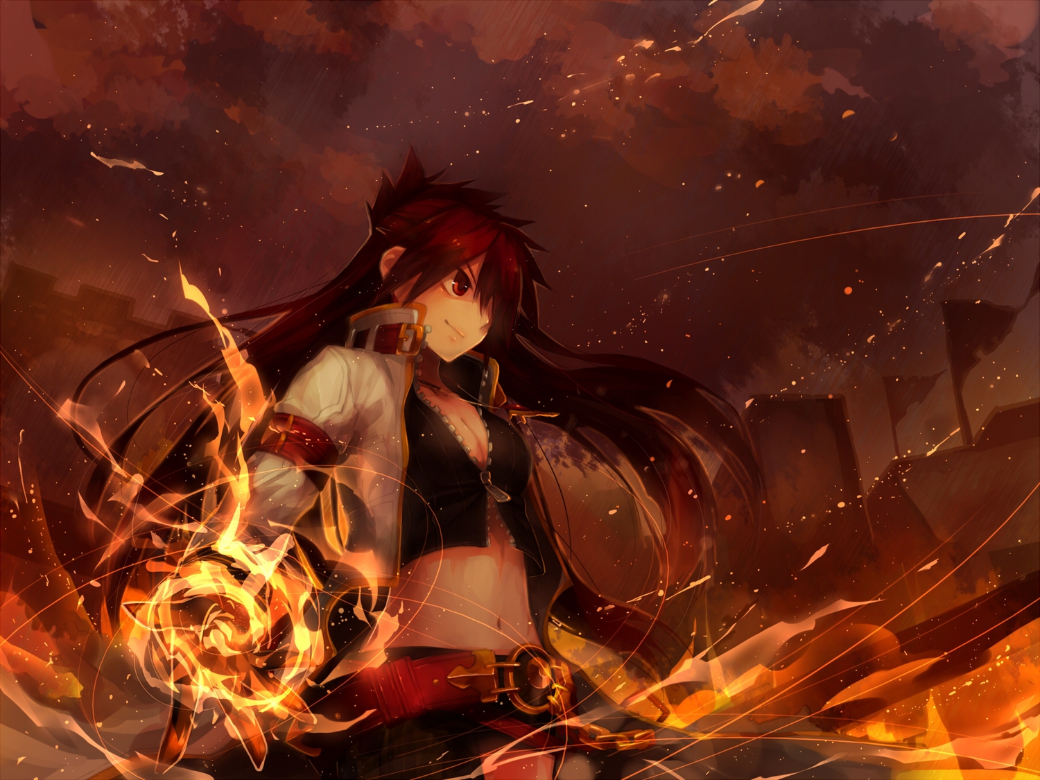 breasts, cleavage, elesis_(elsword), elsword, fire, long_hair, magic, malmaron, navel, necklace, red_eyes, red_hair