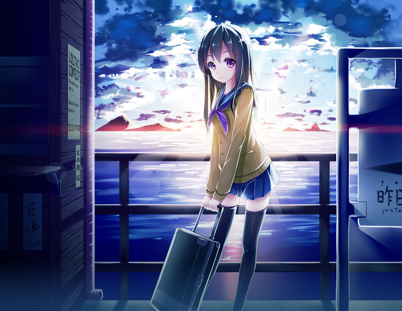 black_hair, clouds, long_hair, original, purple_eyes, school_uniform, sorano_(12gou), thighhighs
