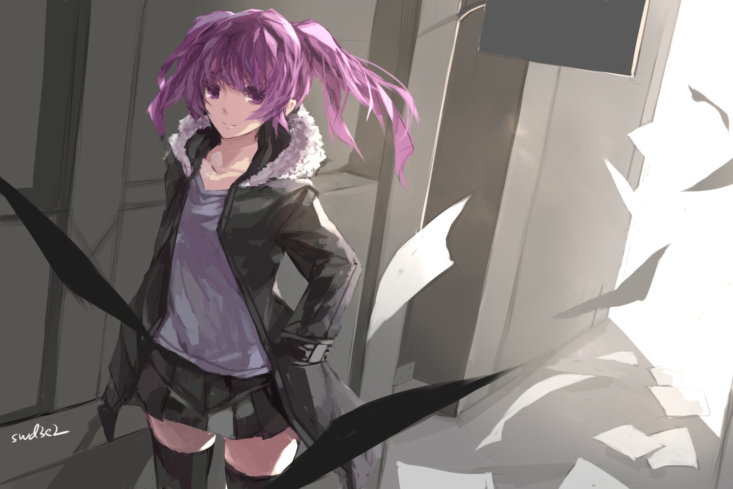 aisha_(elsword), elsword, long_hair, pink_eyes, pink_hair, skirt, swd3e2, thighhighs