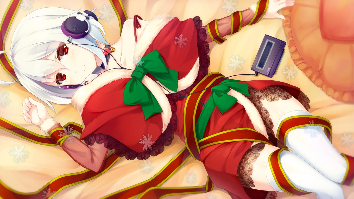bow, choker, christmas, headphones, original, red_eyes, santa_costume, short_hair, sorano_(12gou), thighhighs, white_hair