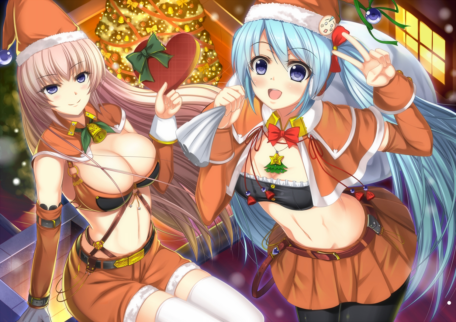 2girls, bell, blue_hair, breasts, christmas, cleavage, hat, hatsune_miku, long_hair, megurine_luka, navel, pantyhose, pink_hair, purple_eyes, ribbons, santa_costume, santa_hat, shibata_kuru, skirt, thighhighs, twintails, vocaloid