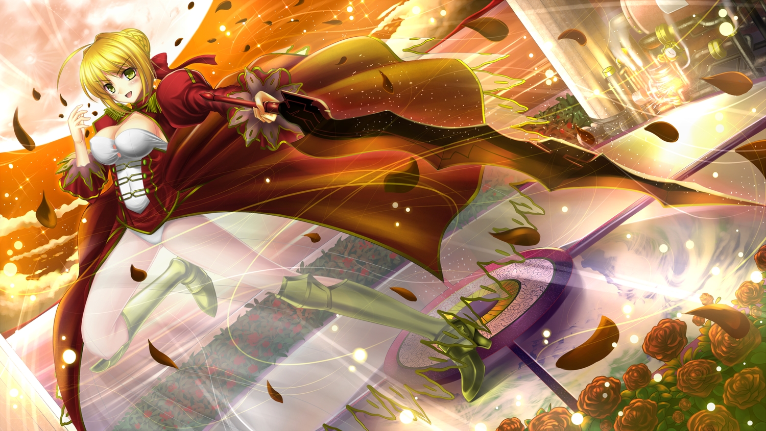 armor, blonde_hair, breasts, cleavage, dress, fate/extra, fate_(series), flowers, moon, nero_claudius_(fate), petals, rose, see_through, shibata_kuru, sword, weapon, yellow_eyes