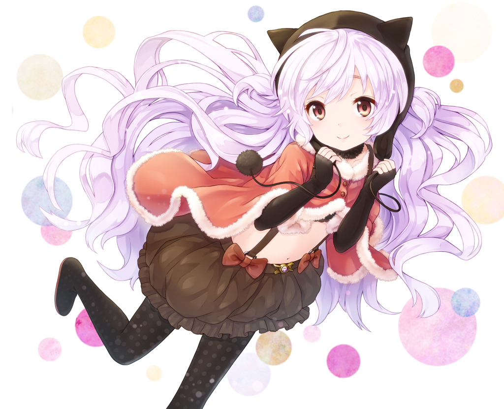 animal_ears, bow, hat, long_hair, mahou_shoujo_madoka_magica, mahou_shoujo_madoka_magica_movie, momoe_nagisa, navel, pantyhose, red_eyes, white_hair, yaegorou