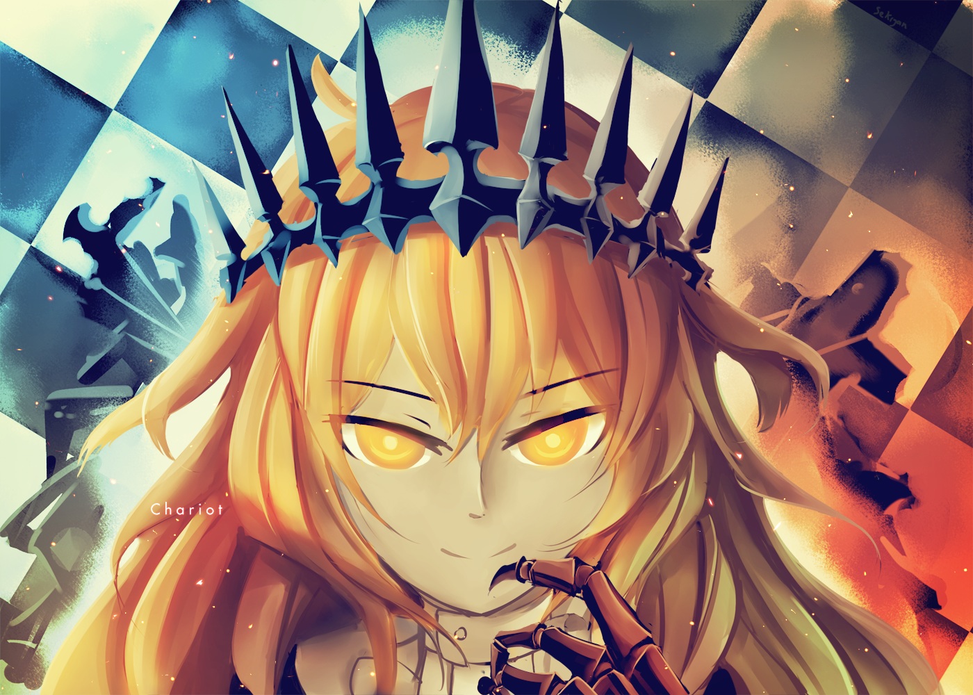 black_rock_shooter, blonde_hair, close, crown, izuriha_kagari, long_hair, sekigan, signed