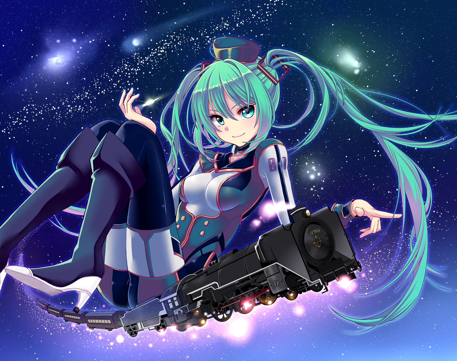 green_eyes, green_hair, hat, hatsune_miku, long_hair, stars, thighhighs, train, twintails, vocaloid, yami_(m31)