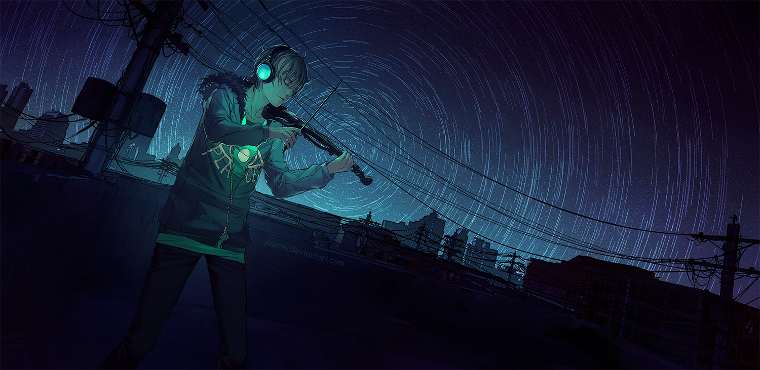 all_male, building, city, fisheye_placebo, frey_(fisheye_placebo), headphones, instrument, male, night, short_hair, stars, violin, watermark, wenqing_yan_(yuumei_art), white_hair