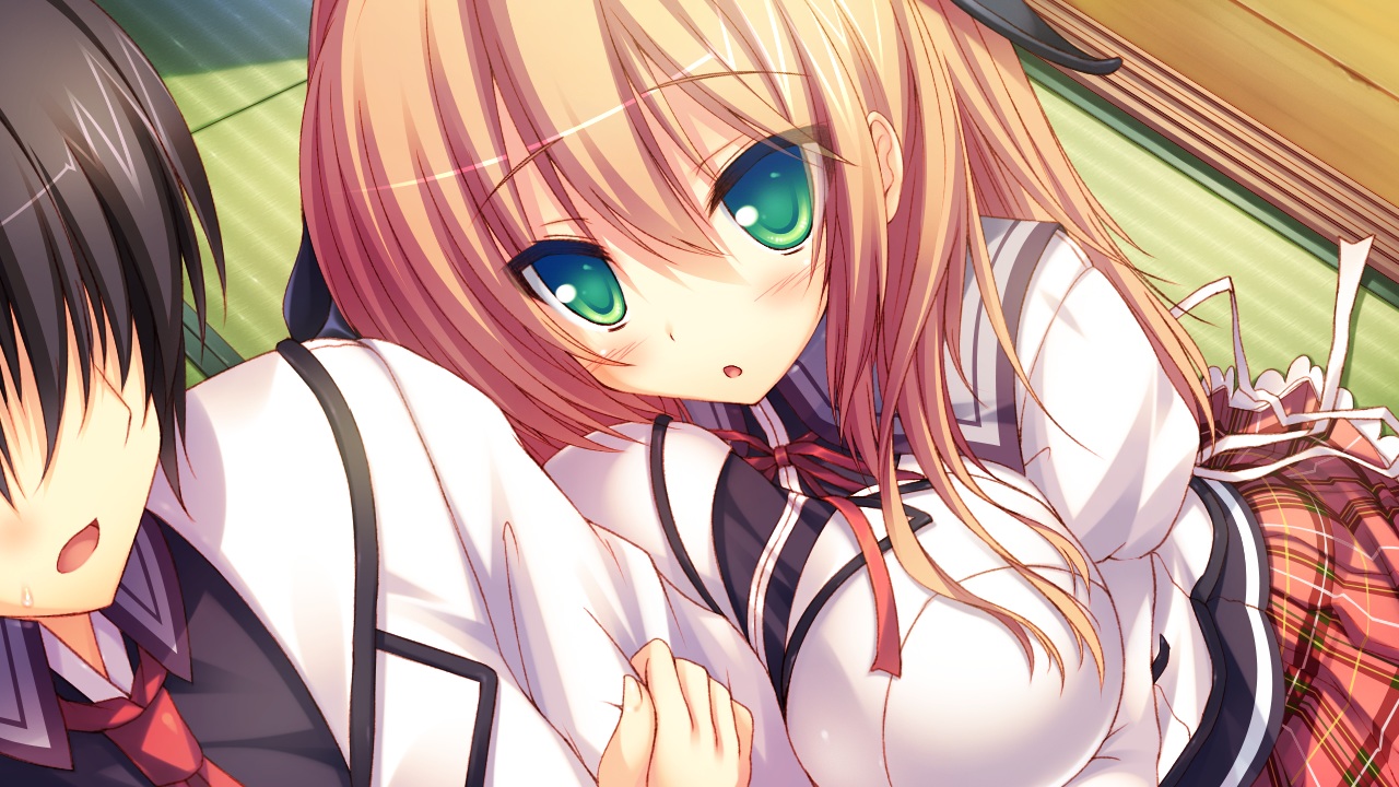 amatarasu_riddle_star, brown_hair, game_cg, green_eyes, hatta_madori, hug, long_hair, ribbons