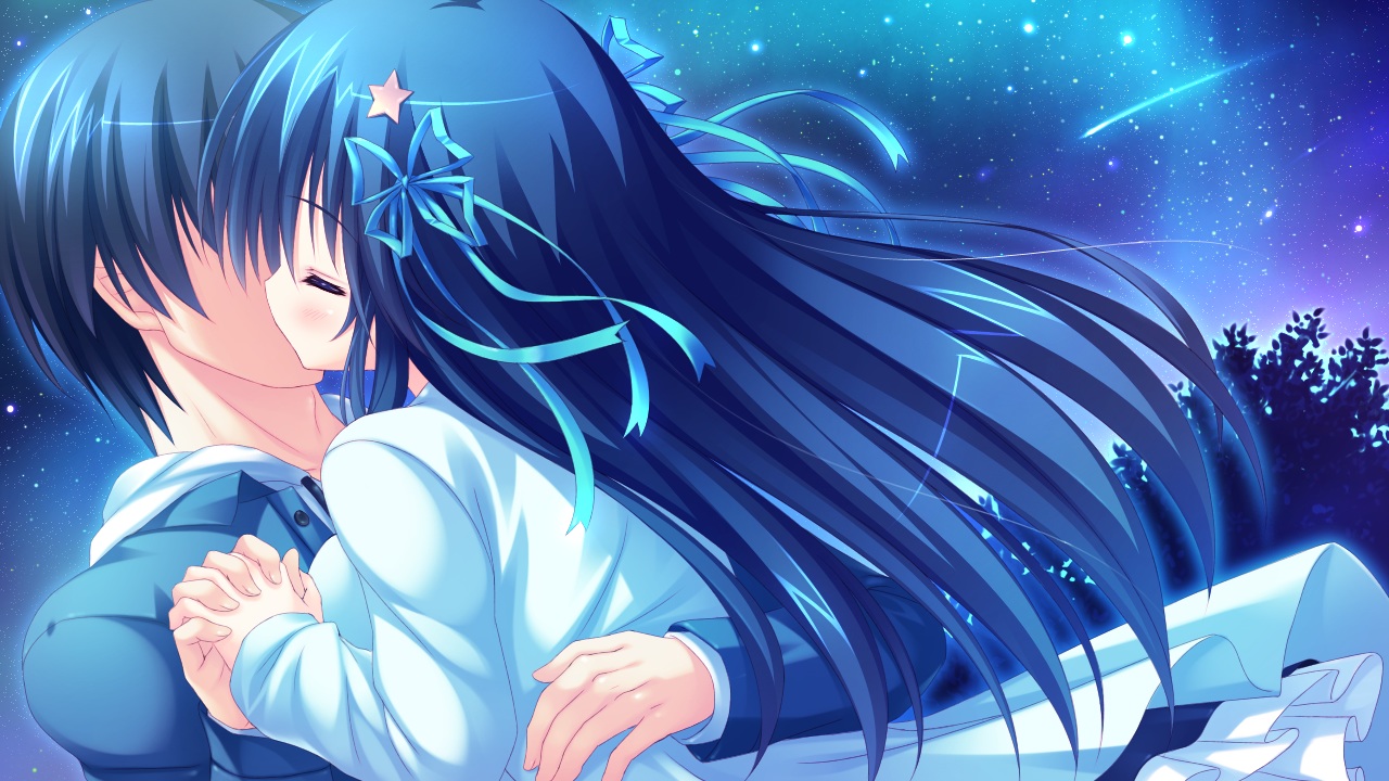 2-g, amatarasu_riddle_star, arisu_yua, blue_hair, game_cg, hug, kiss, long_hair, ribbons, seal-qualia