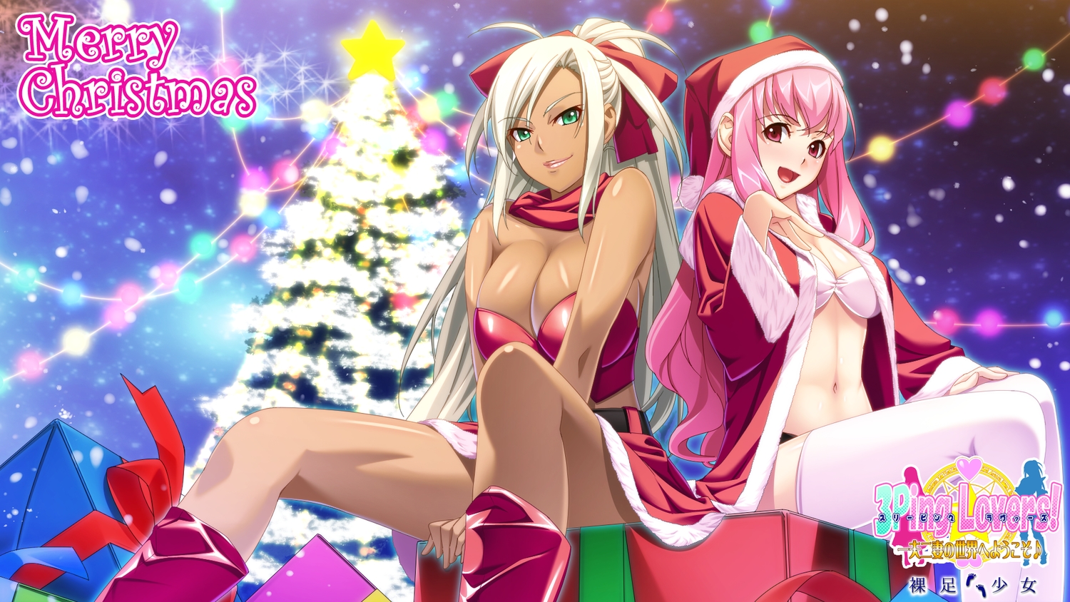 3ping_lovers!_ippu_nisai_no_sekai_e_youkoso, alice_erzan, bow, christmas, dark_skin, frey_ringitt, green_eyes, hat, ino, logo, long_hair, pink_eyes, pink_hair, scarf, skirt, thighhighs, white_hair