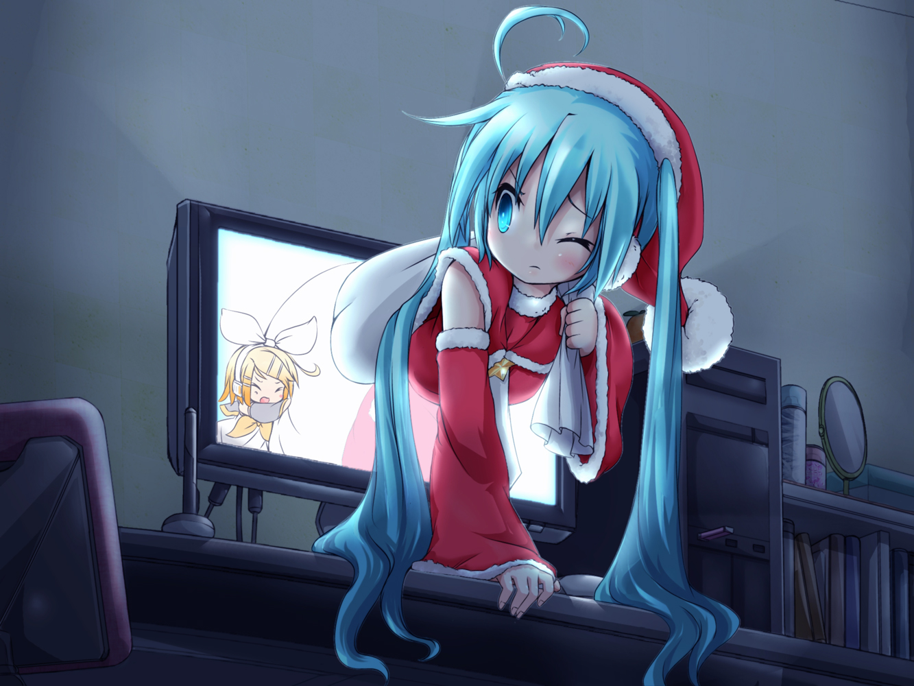akino_coto, aqua_eyes, aqua_hair, blonde_hair, book, christmas, computer, dark, hat, hatsune_miku, kagamine_rin, long_hair, short_hair, twintails, vocaloid, wink