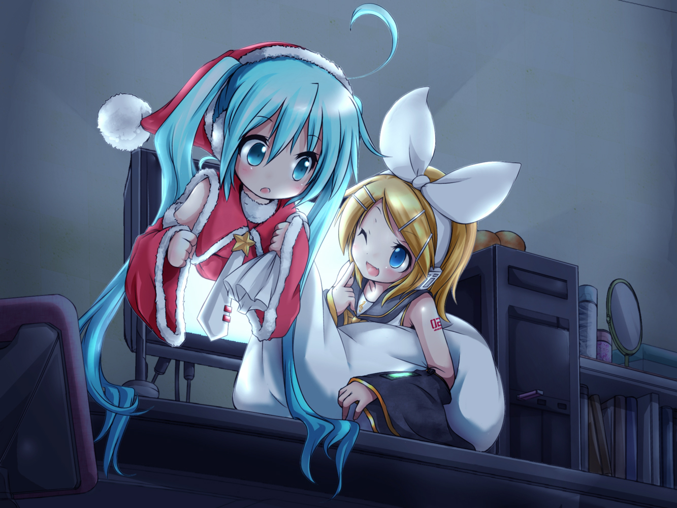akino_coto, aqua_eyes, aqua_hair, blonde_hair, blue_eyes, christmas, computer, hat