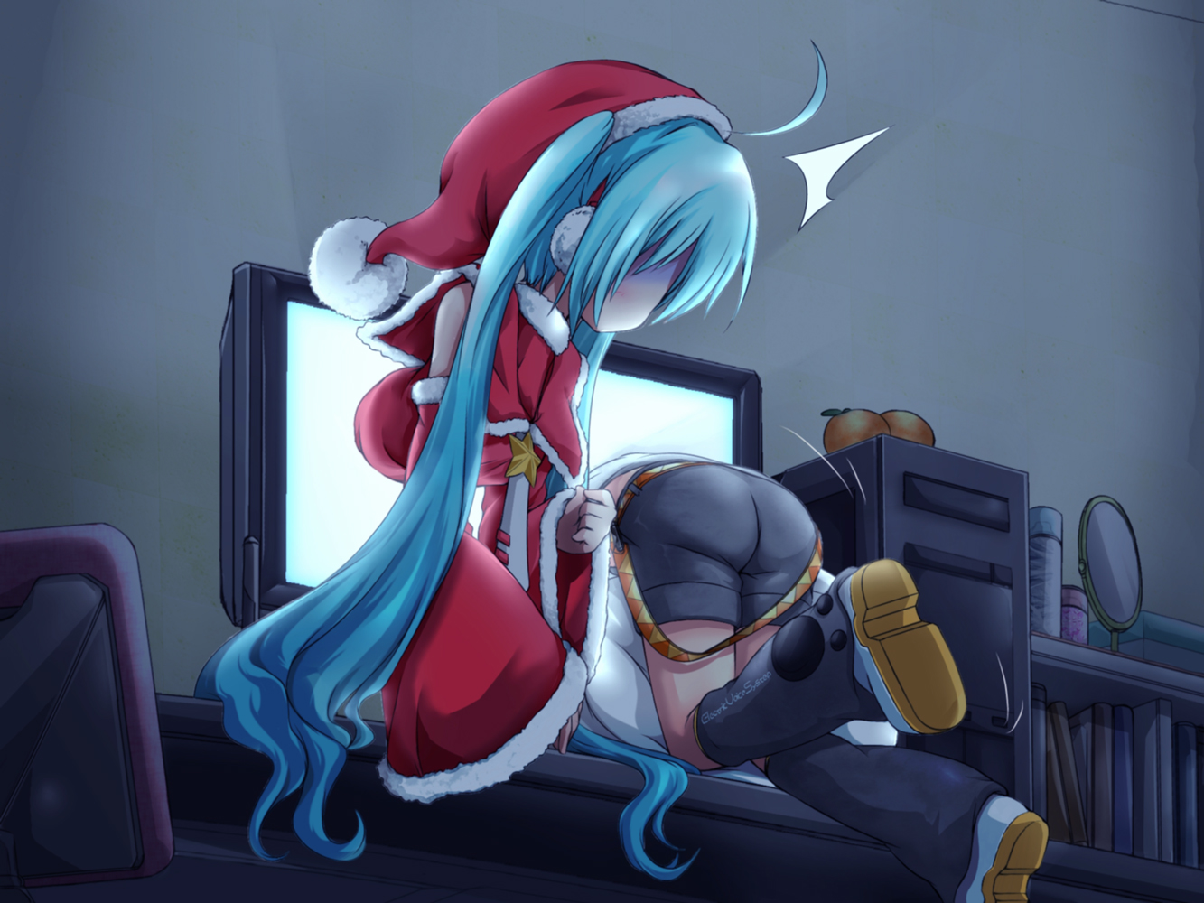 akino_coto, aqua_hair, christmas, computer, hat, hatsune_miku, kagamine_rin, long_hair