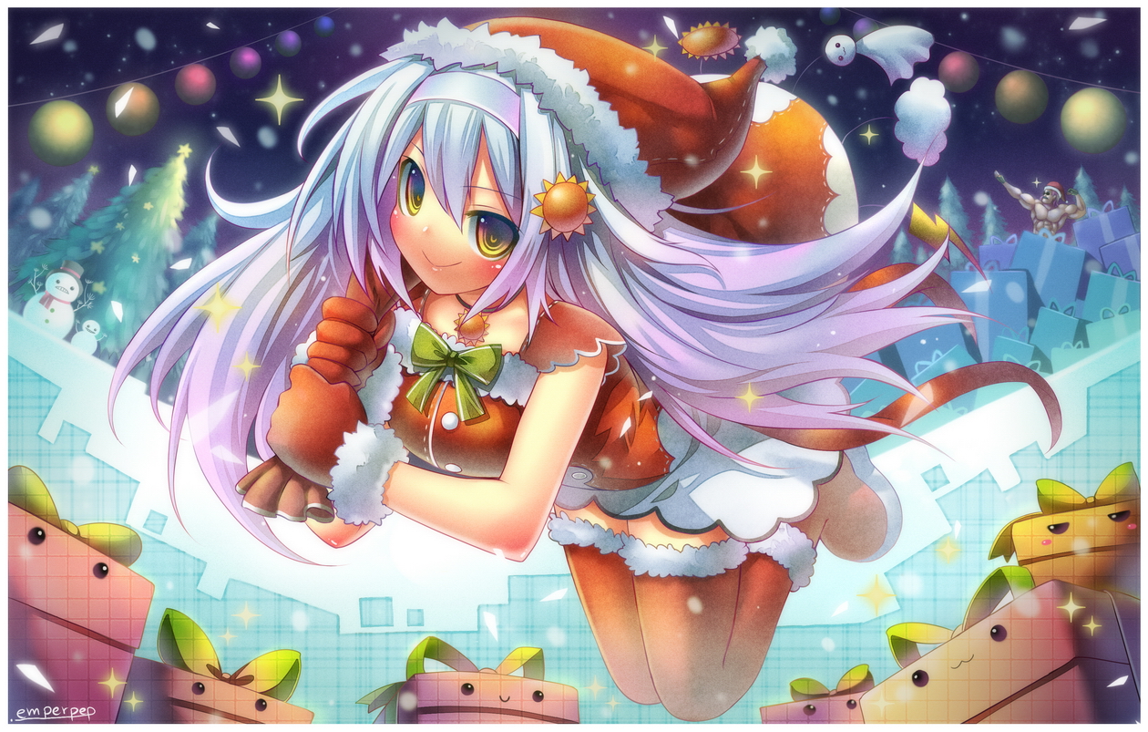 christmas, dress, emperpep, gloves, long_hair, night, original, ribbons, thighhighs, white_hair, yellow_eyes