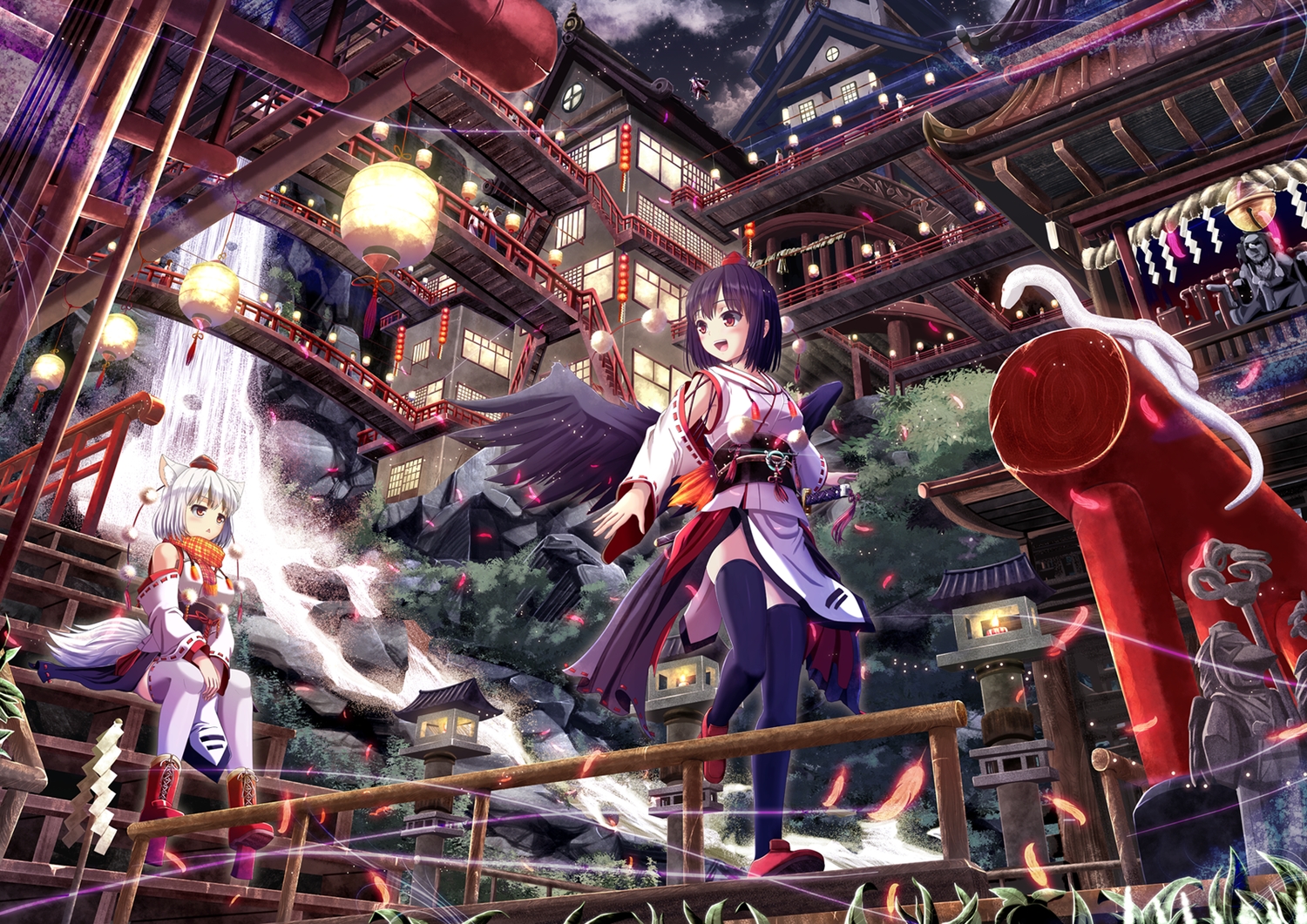 animal, animal_ears, black_hair, boots, building, inubashiri_momiji, japanese_clothes, red_eyes, shameimaru_aya, tail, thighhighs, touhou, water, waterfall, white_hair, windfeathers, wings, wolfgirl