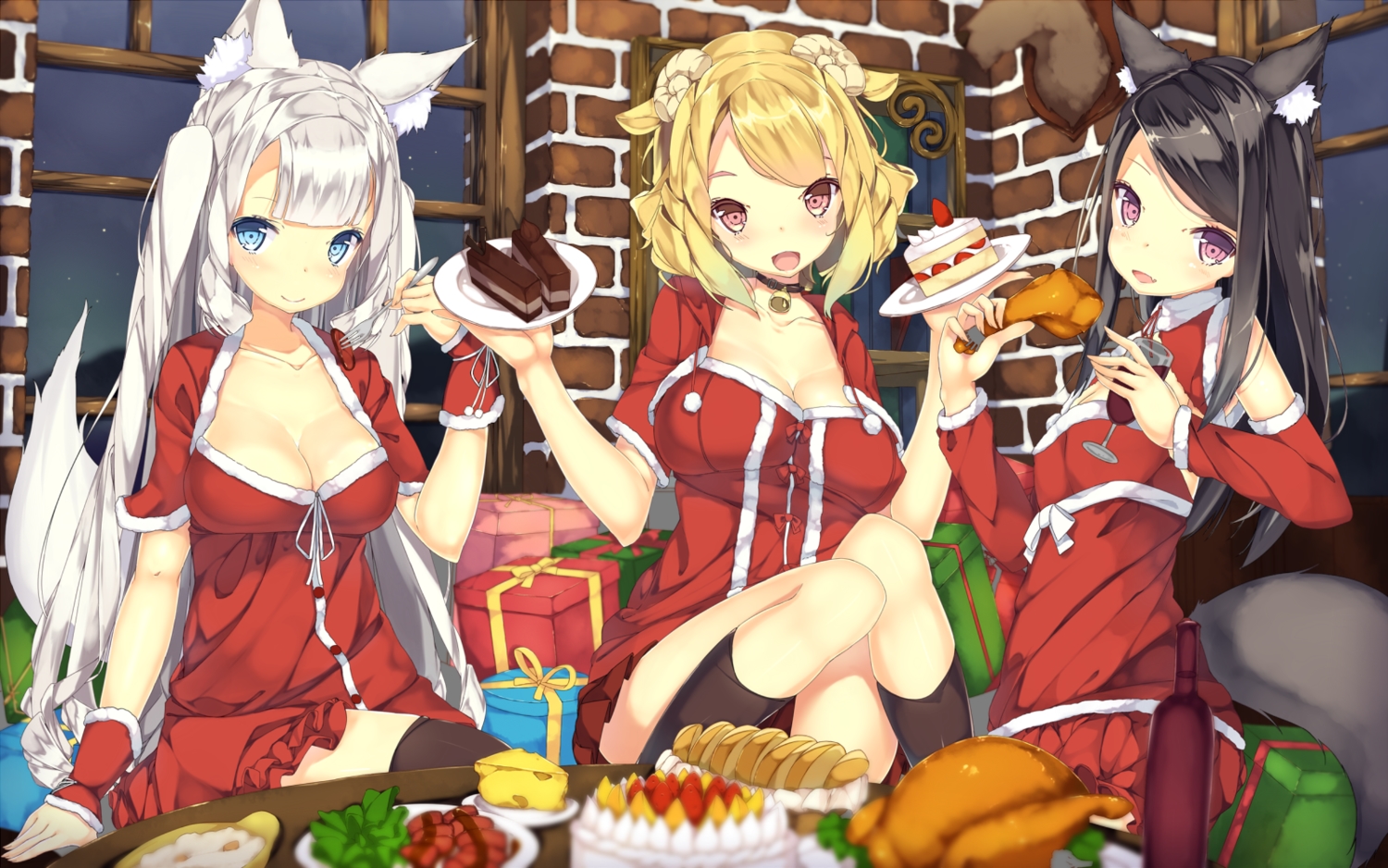 animal_ears, black_hair, blonde_hair, blue_eyes, breasts, cake, christmas, cleavage, food, kneehighs, long_hair, original, pink_eyes, purple_eyes, shirohina, short_hair, tail, thighhighs, white_hair