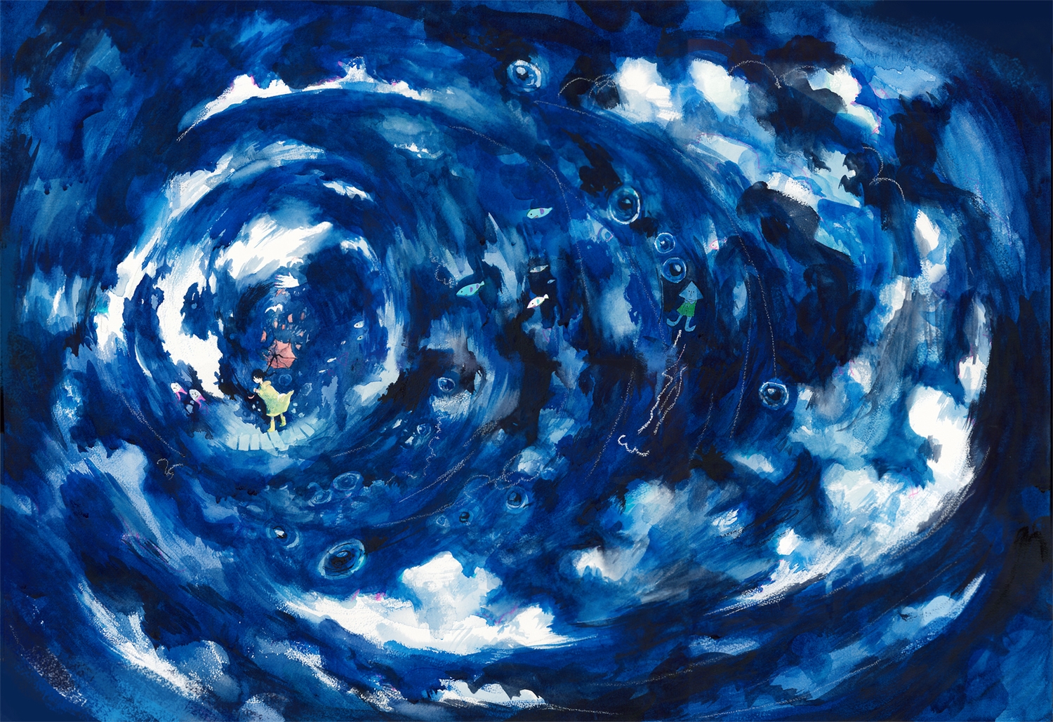 animal, blue, clouds, fish, original, umbrella, wayukako