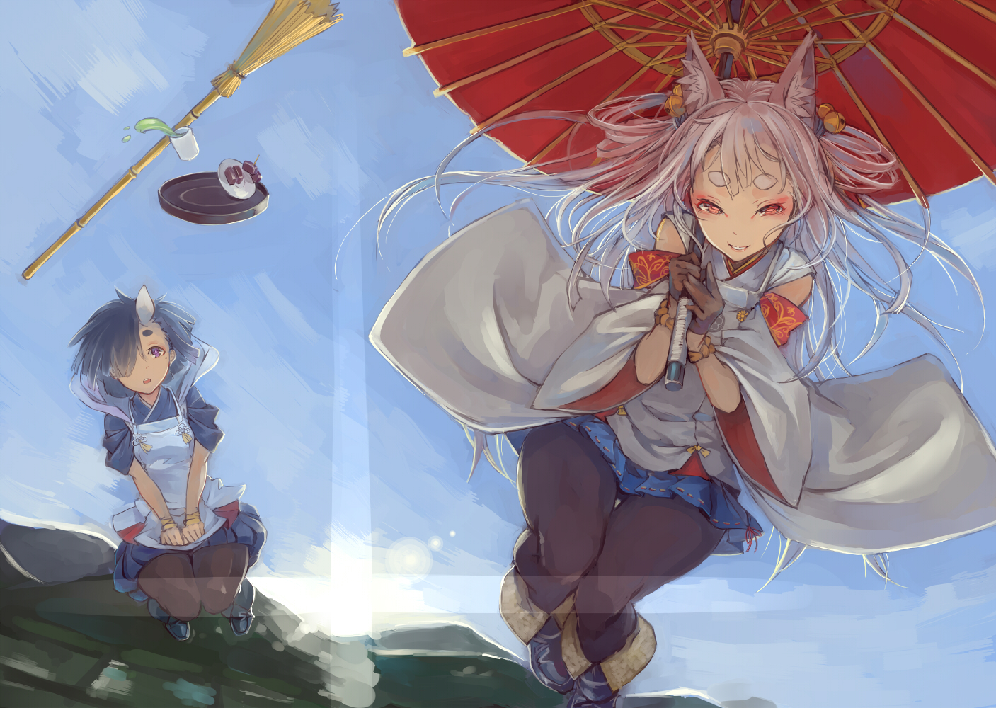 2girls, animal_ears, apron, blue_hair, boots, foxgirl, gloves, horns