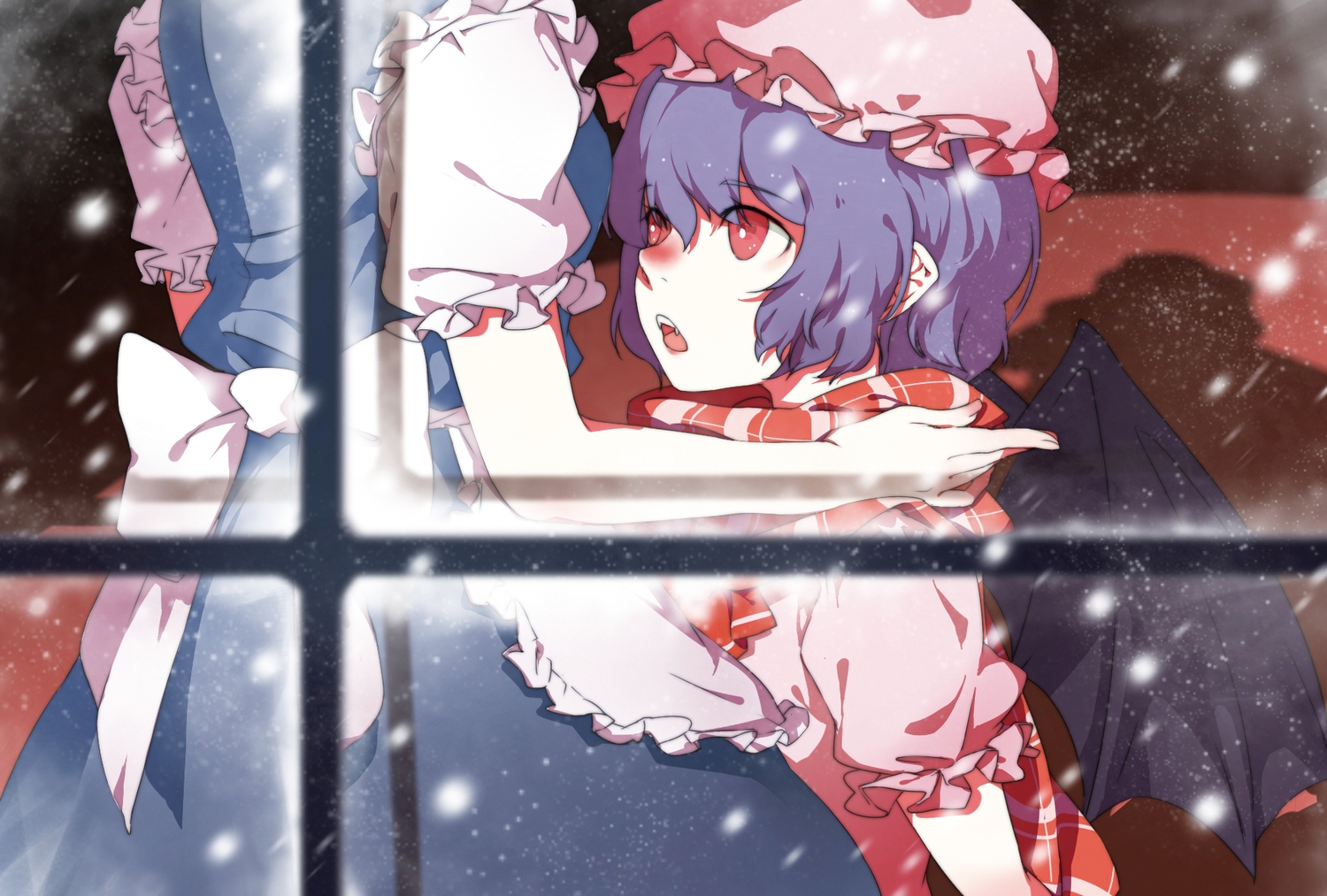 blue_hair, gkun_(aloing), hat, izayoi_sakuya, maid, red_eyes, remilia_scarlet, scarf, short_hair, snow, touhou, vampire, wings, winter