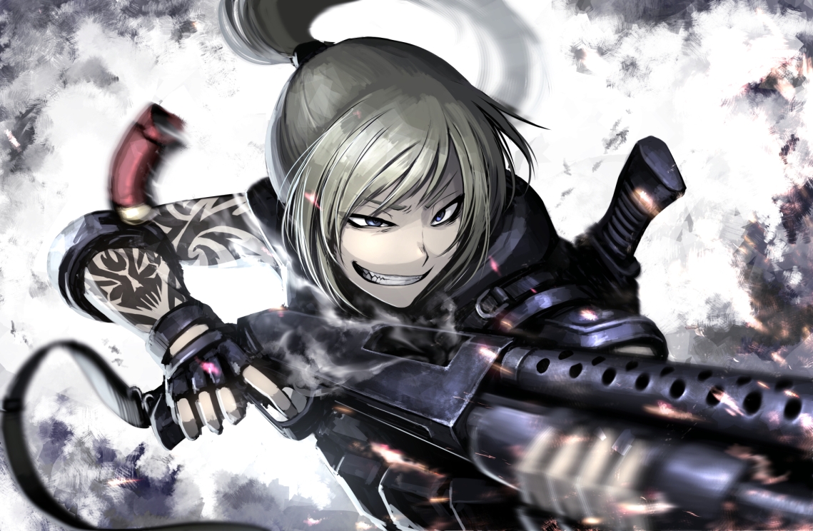 armor, blonde_hair, blue_eyes, gloves, gun, hellshock, original, ponytail, suzumi_(hellshock), tattoo, weapon