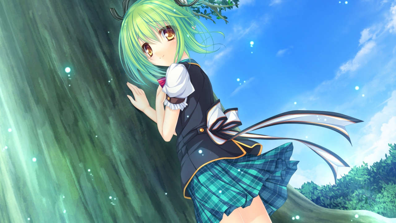charlles_faltesia, game_cg, green_hair, magicalic_sky_high, mikagami_mamizu, pointed_ears, ribbons, school_uniform