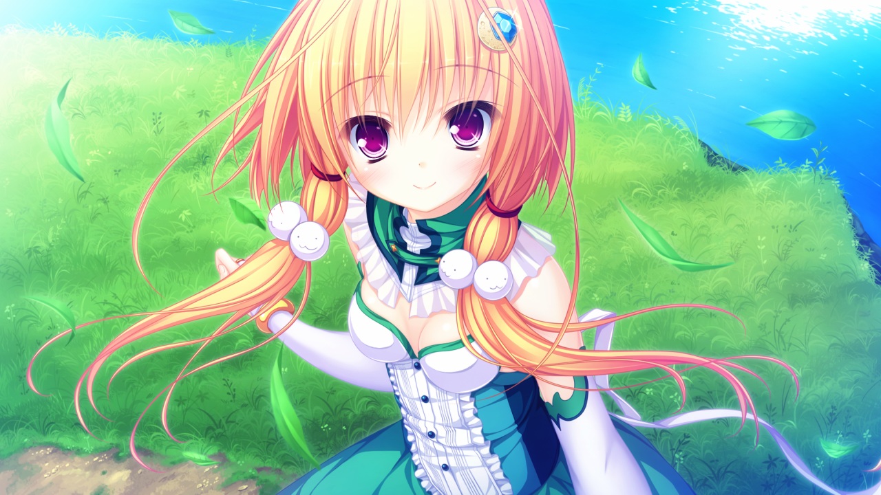 blonde_hair, breasts, cleavage, dress, game_cg, grass, leaves, long_hair