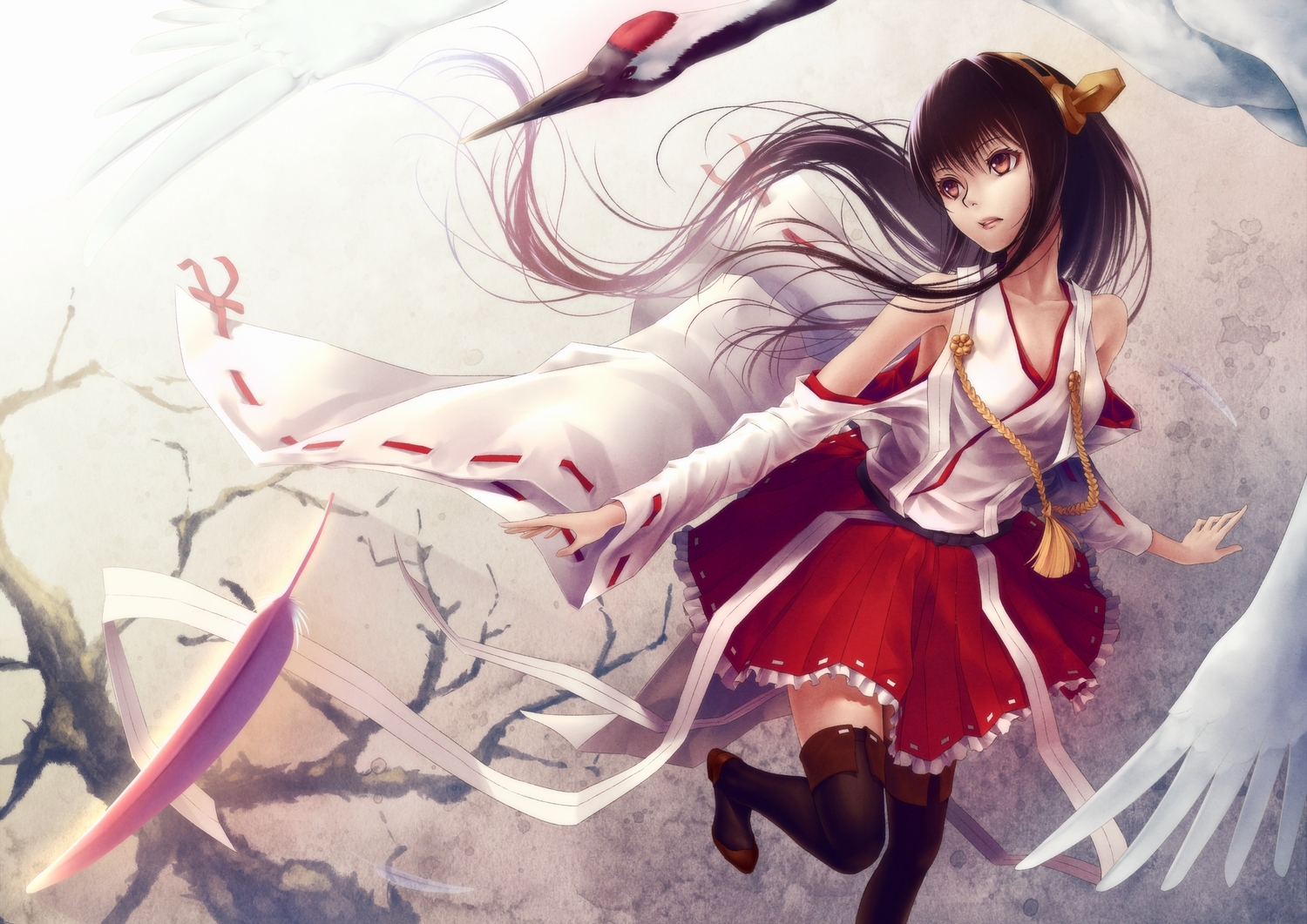 animal, anthropomorphism, bird, black_hair, boots, brown_eyes, feathers, haruna_(kancolle)