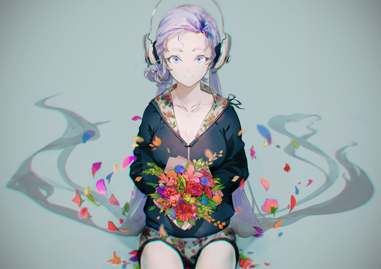 blue_eyes, blue_hair, flowers, hatsune_miku, headphones, long_hair, petals, sugimoto_gang