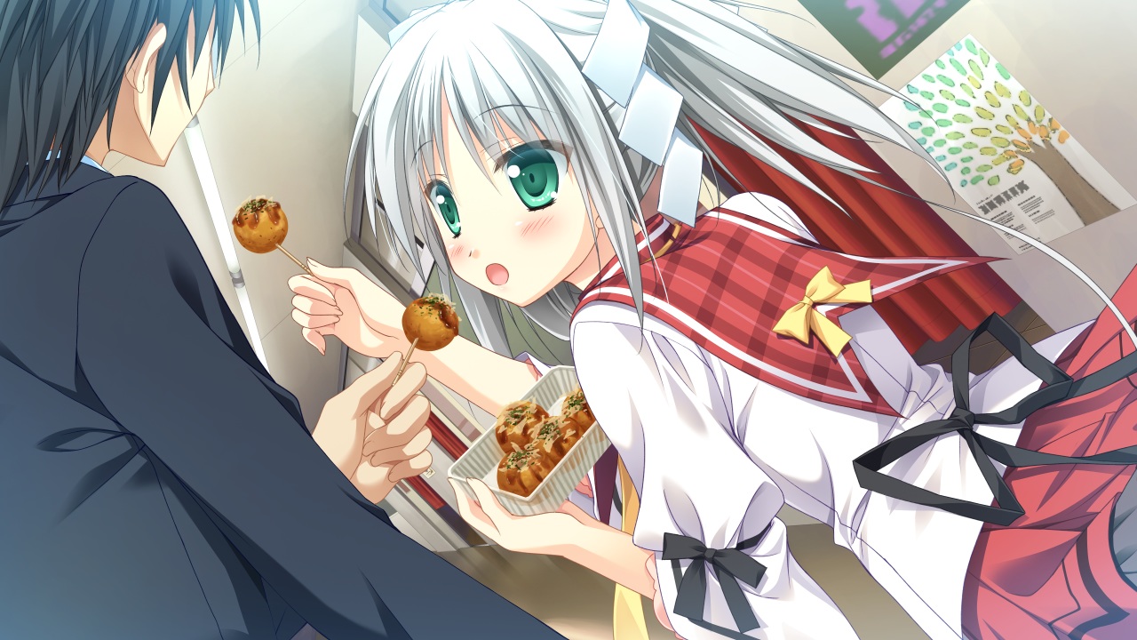 aqua_eyes, black_hair, blush, food, game_cg, glace, gray_hair, ribbons