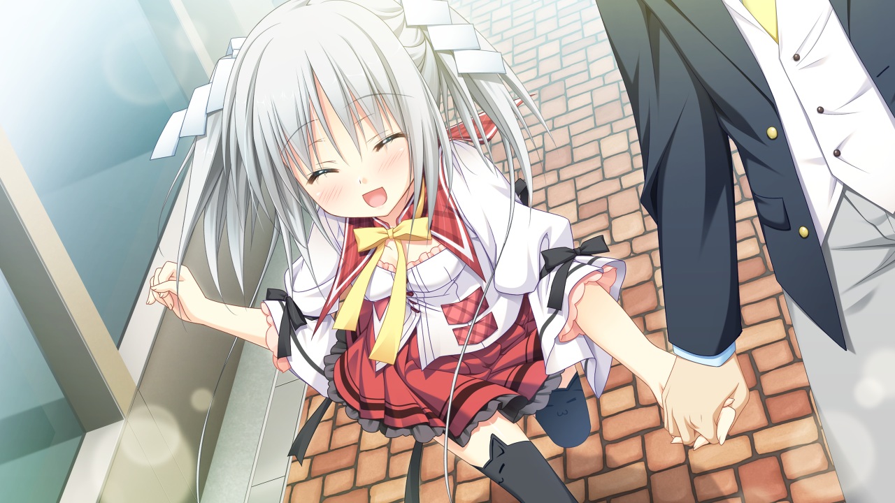 blush, game_cg, glace, gray_hair, school_uniform, sesena_yau, short_hair, skirt, tagme, thighhighs, timepiece_ensemble, tsukiyono_chiara, twintails