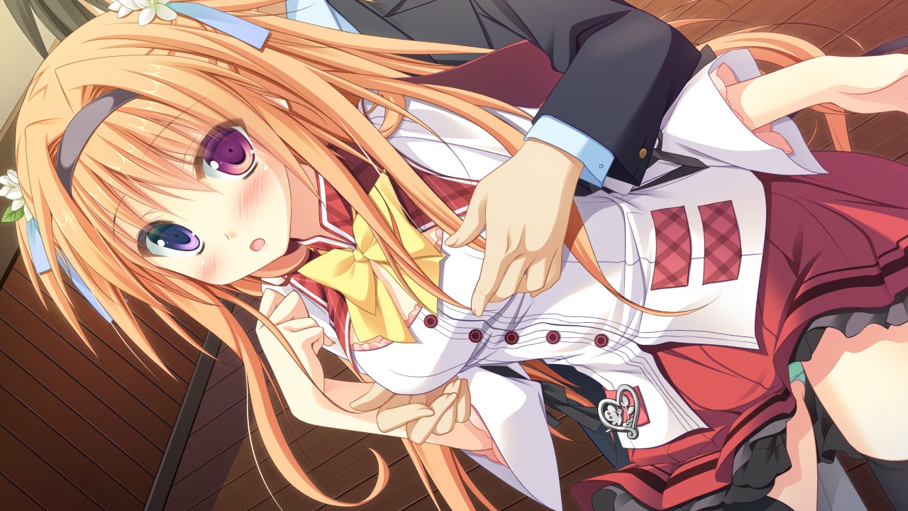 bicolored_eyes, blush, bow, breast_grab, game_cg, glace, headband, kuramae_nanami