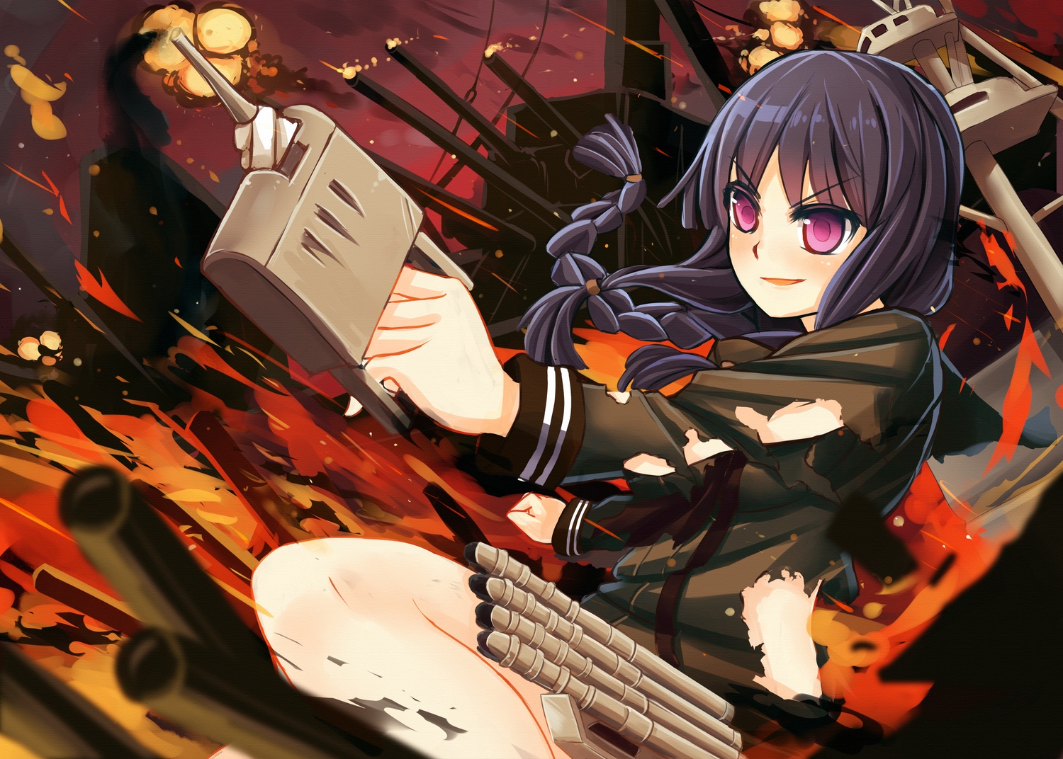 anthropomorphism, black_hair, braids, fire, gun, kantai_collection, kitakami_(kancolle), long_hair