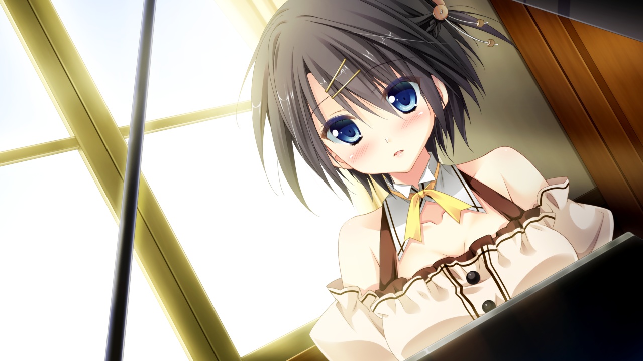 black_hair, blue_eyes, blush, breasts, cleavage, game_cg, glace, instrument