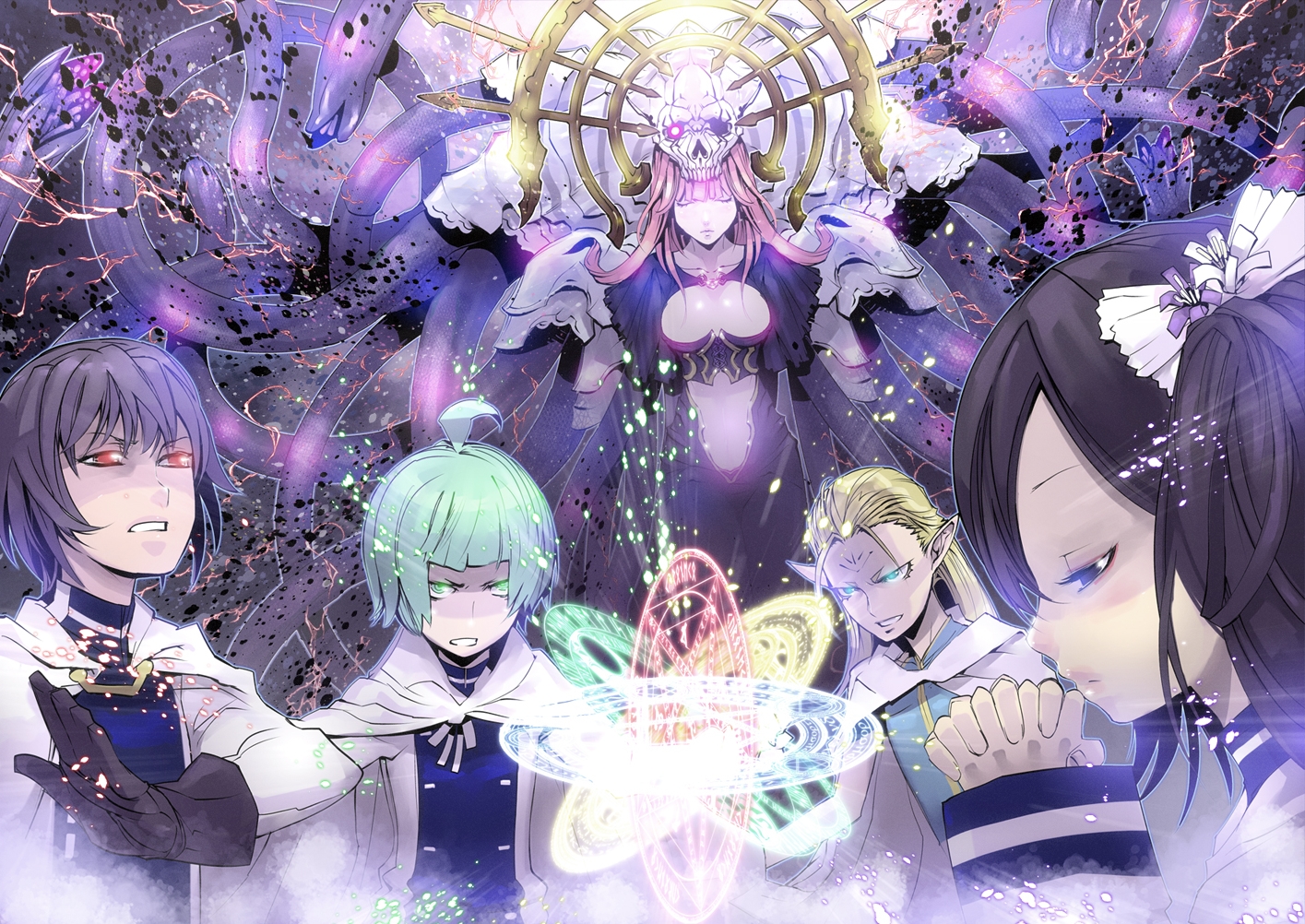 aqua_eyes, black_eyes, black_hair, blonde_hair, cape, gloves, green_eyes, green_hair