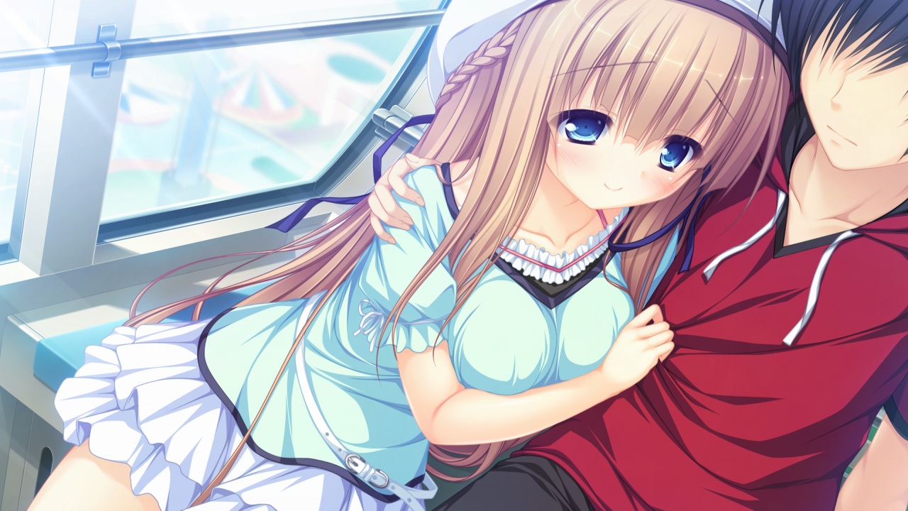 black_hair, blonde_hair, blue_eyes, dress, game_cg, hat, kawasumi_yurika, long_hair