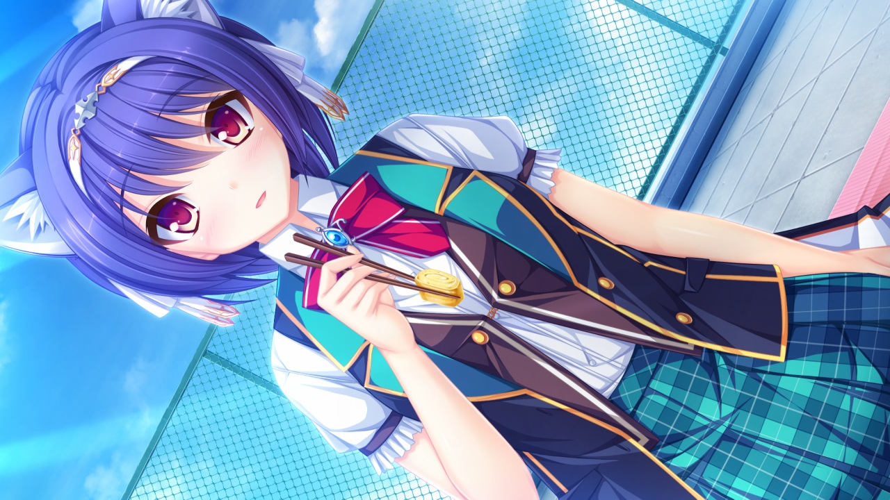animal_ears, blue_hair, bow, catgirl, cygnus, fana_arsim, food, game_cg
